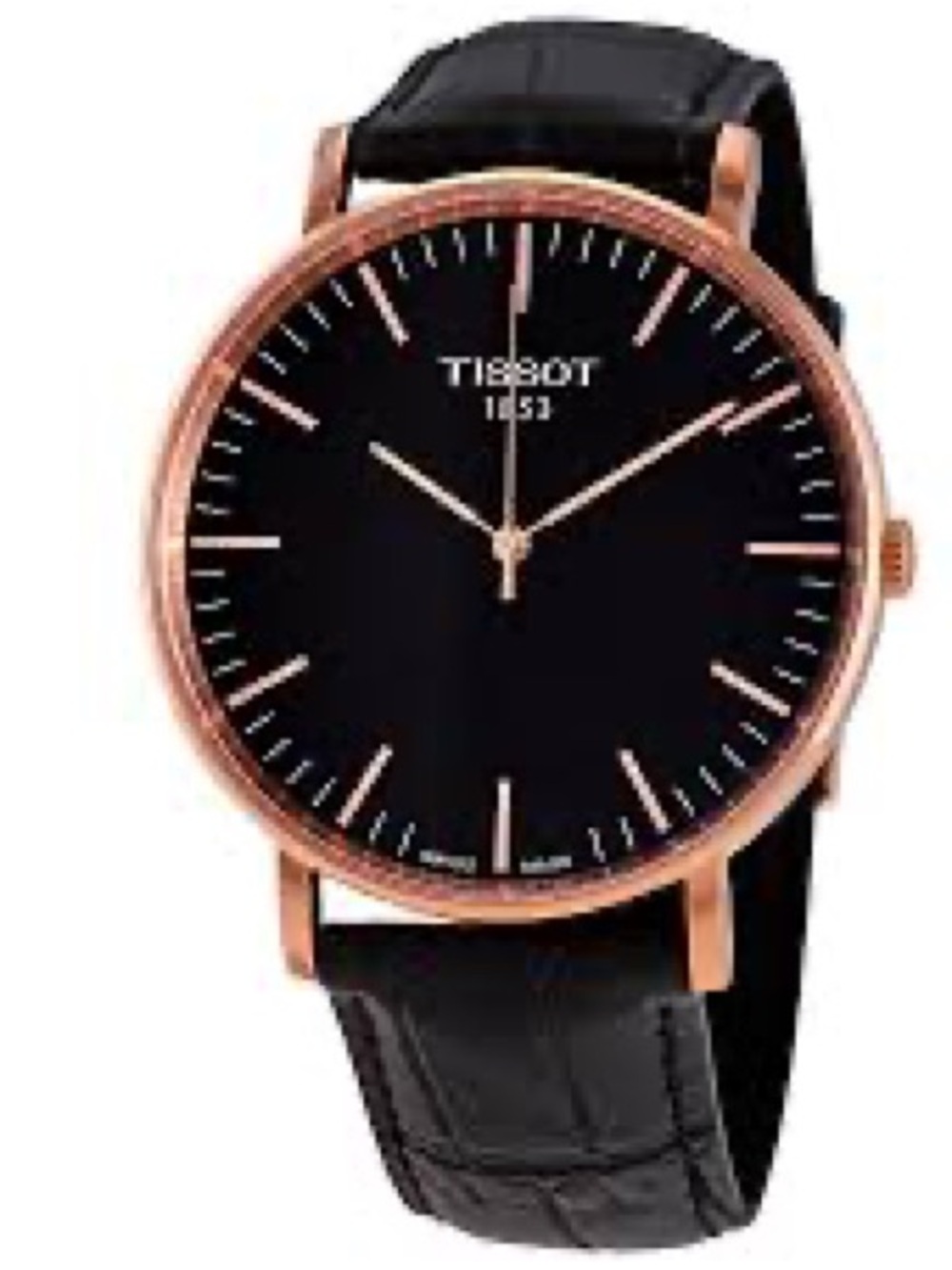 Tissot Black Dial Rose Gold-Tone Case Black Leather Strap Watch